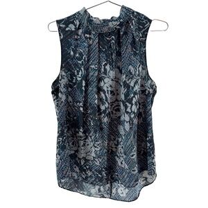 ANTONIO MELANI 100% Silk Pleated Mock Neck Floral Tank • Medium • black, blue